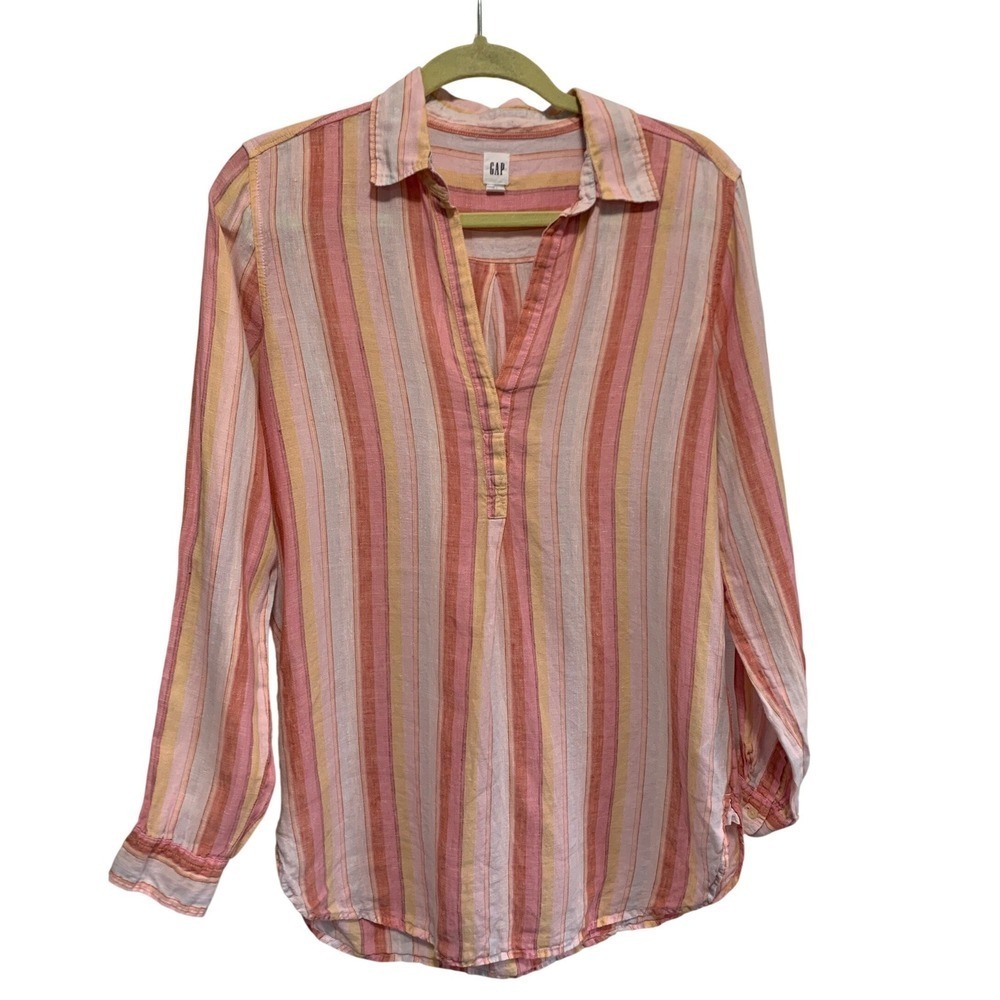 Gap Popover Tunic Shirt Women's Small Petite Pink Striped Linen Relaxed leisure